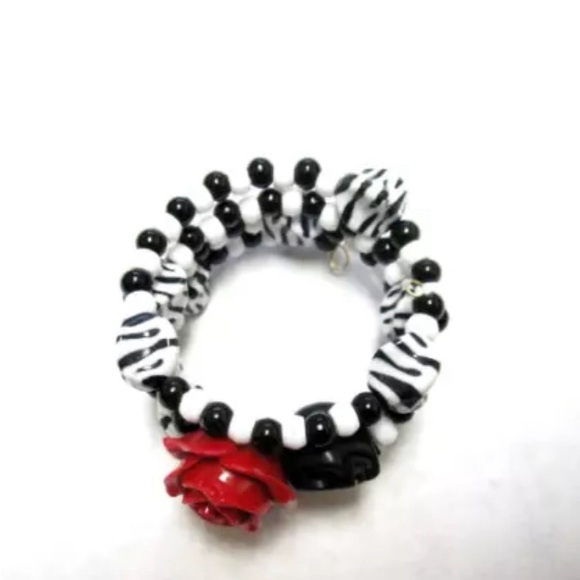 Zebra Bracelet Red Rose Skull Day Of The Dead Cuff Halloween Jewelry - Picture 3 of 3